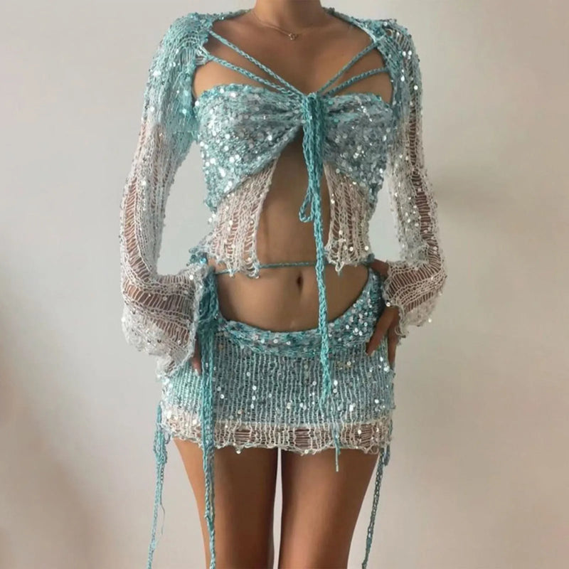 2024 Women’s 2-Piece Crochet Knit Sequin Skirt Set – Sexy Crop Top and Bodycon Mini Skirt for Party & Nightclub Outfits