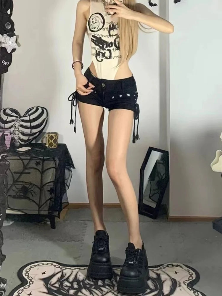 Women's Lace-Up Skinny Denim Shorts: Retro Streetwear with Rivet Accents