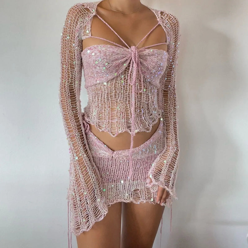 2024 Women’s 2-Piece Crochet Knit Sequin Skirt Set – Sexy Crop Top and Bodycon Mini Skirt for Party & Nightclub Outfits