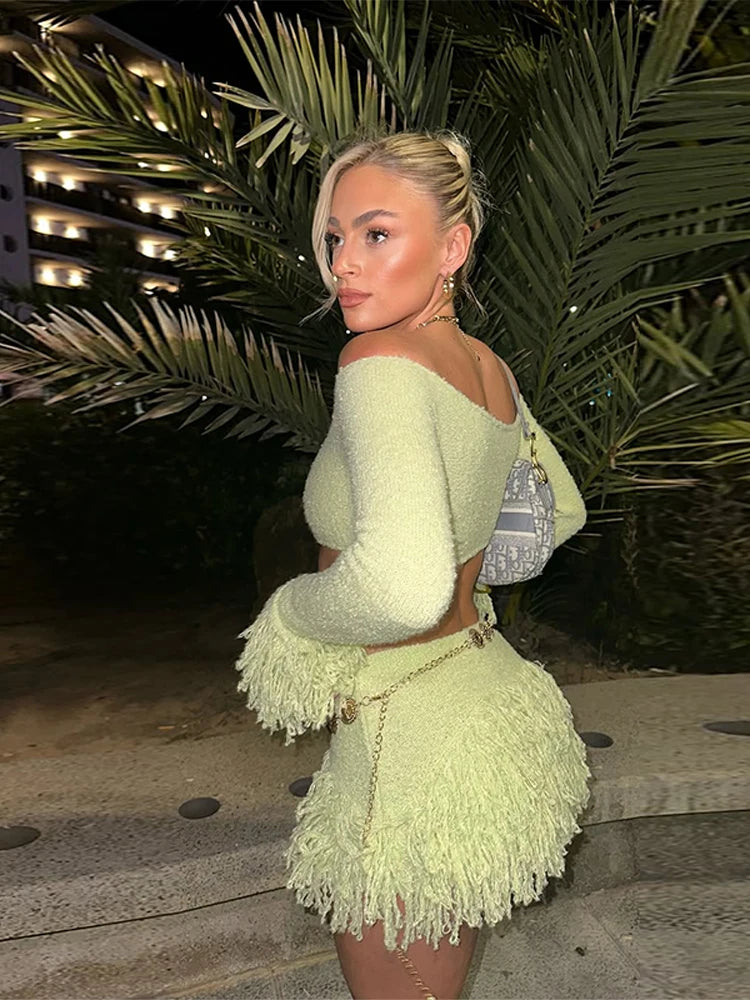 Women’s Off-Shoulder Tassel-Knit Long-Sleeve Crop Top & High-Waist Mini Skirt Two-Piece Beach Set