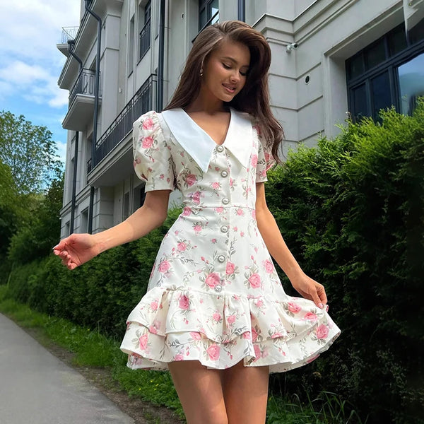 Puff Sleeve Mini Dress | Floral Print V-Neck Dress with Pearl Buttons - Women's Ruffled Vacation Dress