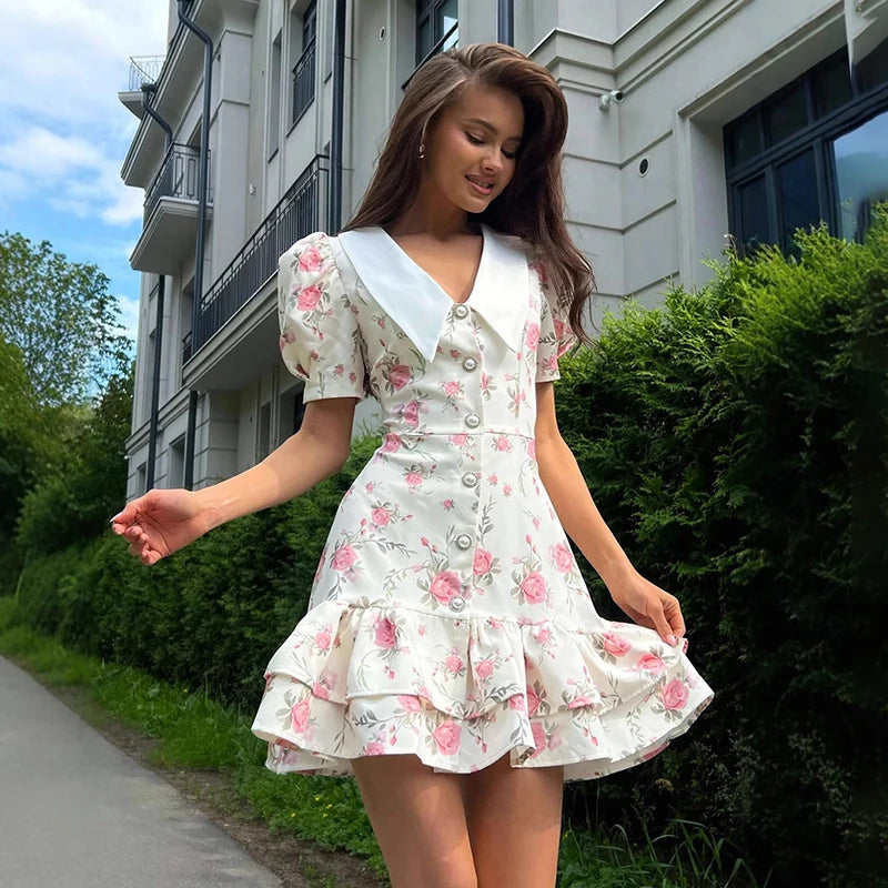 Puff Sleeve Mini Dress | Floral Print V-Neck Dress with Pearl Buttons - Women's Ruffled Vacation Dress