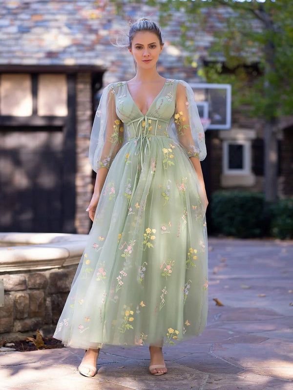 Floral Embroidered Tulle Maxi Dress | Puffy Sleeve Wedding Guest Dress - Women's Green Formal Gown with Lace-Up Back