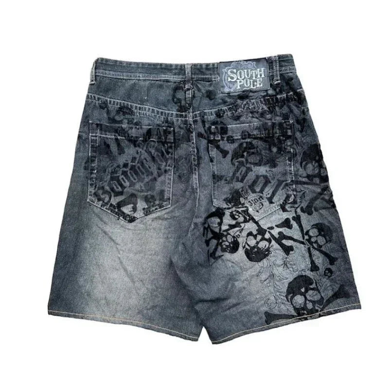 Bottega Desire Wide-Leg Denim Shorts: Distressed Embroidery | Unisex Hip-Hop Streetwear | High Waist Loose Fit Jeans