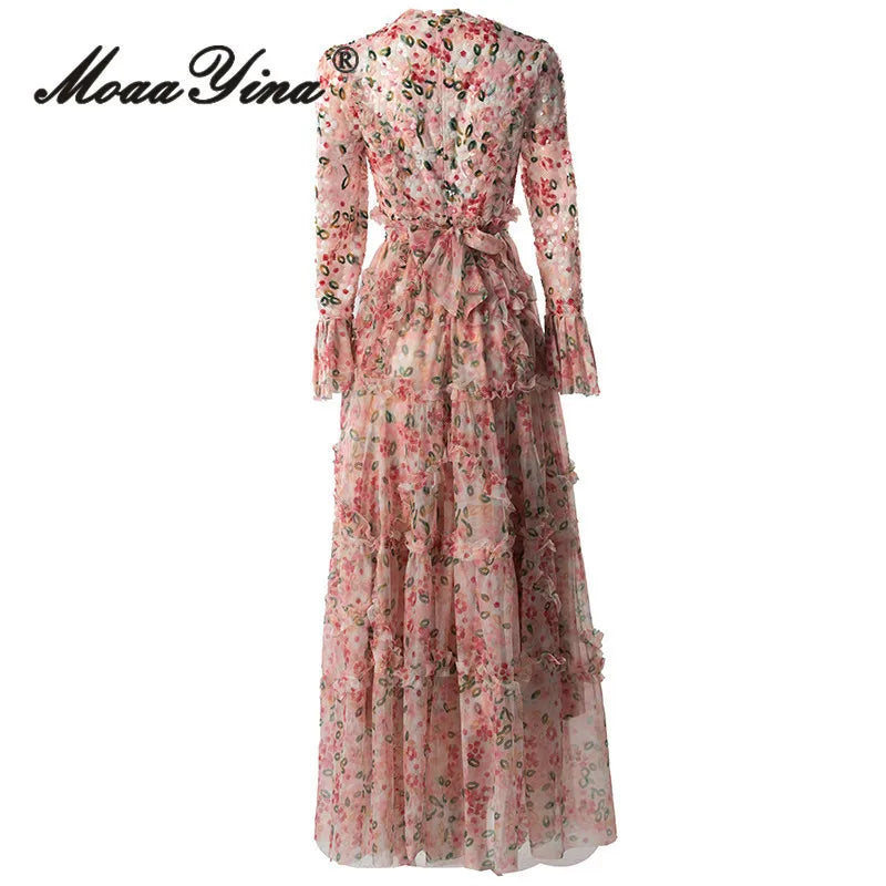 MoaaYina Bohemian Sequin Maxi Dress | Floral Print Ruffled Flare-Sleeve Dress with Net Yarn Detailing - 2025 Summer Collection