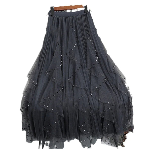Chamliforve Women's Tulle Fairy Skirt | Empire Waist Ankle-Length Tutu | Beaded A-Line Mesh Skirt (One Size)