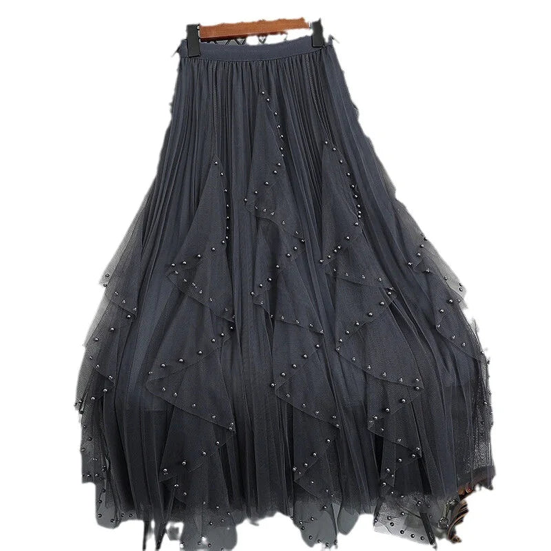 Chamliforve Women's Tulle Fairy Skirt | Empire Waist Ankle-Length Tutu | Beaded A-Line Mesh Skirt (One Size)