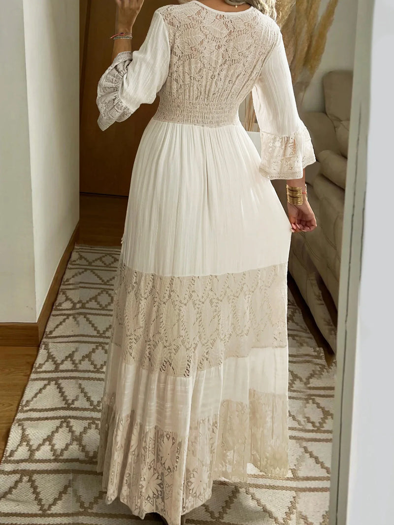 Boho Maxi Dress with Crochet Lace & Floral Embroidery | Split Hem Beach Cover-Up Dress for Women
