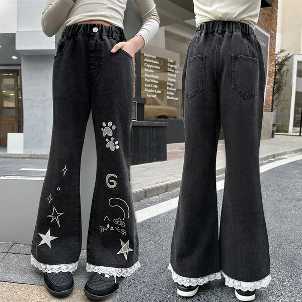 Girls' Black Flared Jeans | Vintage Wash Bootcut Denim | Stretch Cotton Kids Pants