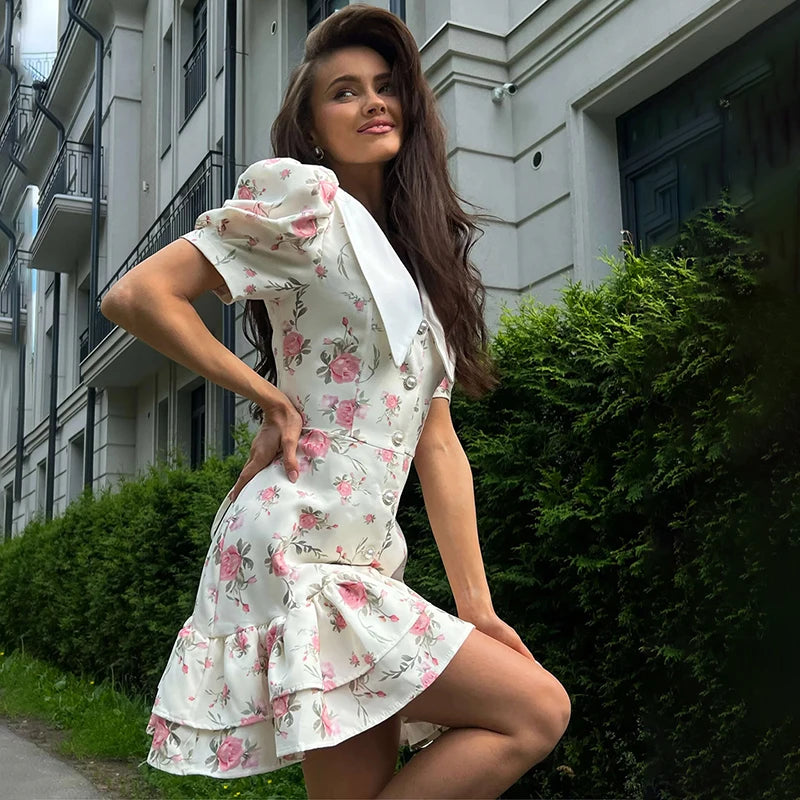 Puff Sleeve Mini Dress | Floral Print V-Neck Dress with Pearl Buttons - Women's Ruffled Vacation Dress