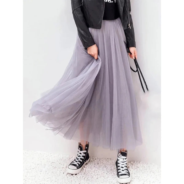 Korean A-Line Tulle Skirt | Empire Waist Mid-Calf Mesh Skirt | Vintage Pleated Streetwear