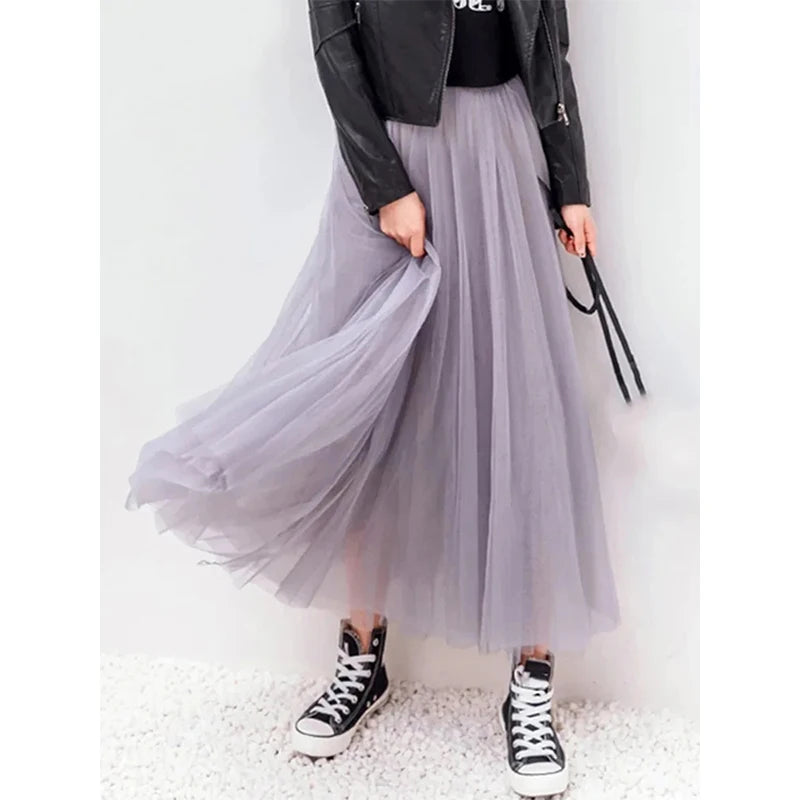 Korean A-Line Tulle Skirt | Empire Waist Mid-Calf Mesh Skirt | Vintage Pleated Streetwear