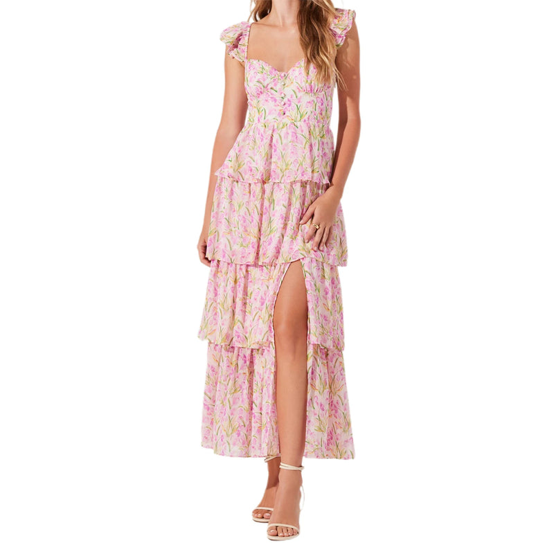 Off-Shoulder Floral Midi Dress | Ruffled Layer Summer Dress - Women's Cap Sleeve Party Dress for Garden Weddings