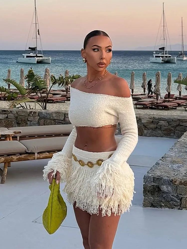 Women’s Off-Shoulder Tassel-Knit Long-Sleeve Crop Top & High-Waist Mini Skirt Two-Piece Beach Set