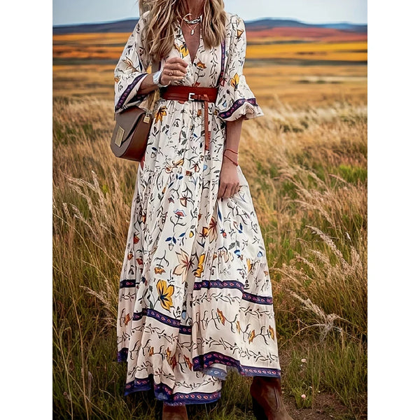 Boho Floral Lantern Sleeve Maxi Dress | V-Neck Ankle-Length Summer Dress with Sash Detail - Beach Cover Up & Vacation Outfit