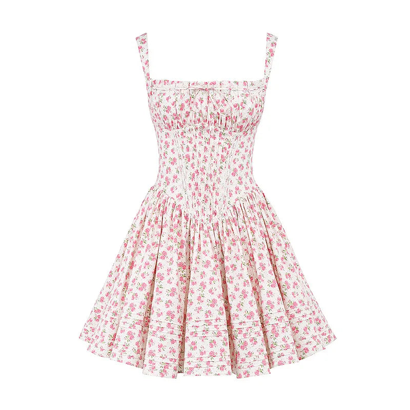 BOHO INSPIRED Women's Adjustable Floral Mini Dress - Pintuck Detail & Lace Trim | Summer Boho Party Dress