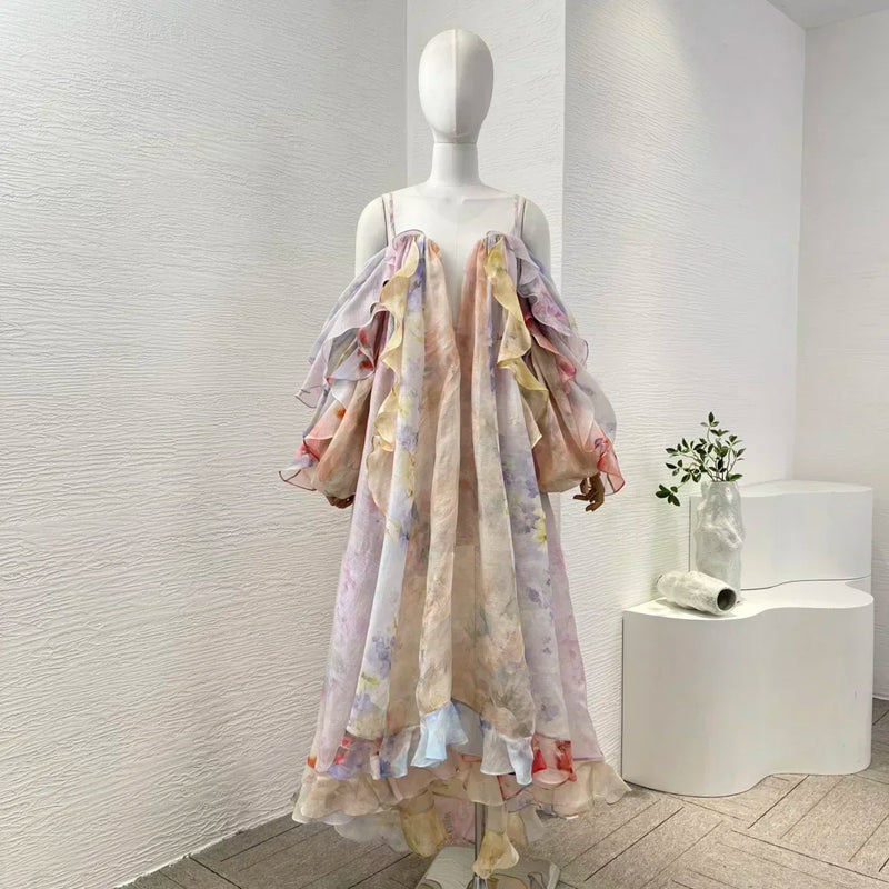Women's Linen-Silk Maxi Dress | Floral Off-Shoulder Beach Dress with Backless Detail