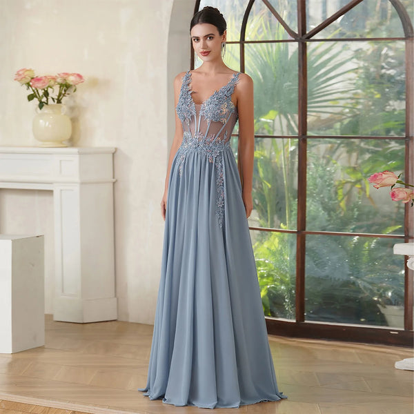Dusty Blue Floral Lace Maxi Dress | Boned Backless Boho Dress with Spaghetti Straps - 2025 Party & Evening Wear