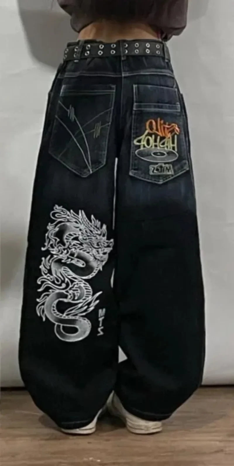 Dragon Embroidered Wide-Leg Jeans | Women's Harajuku Streetwear | High-Waisted Hip-Hop Pants