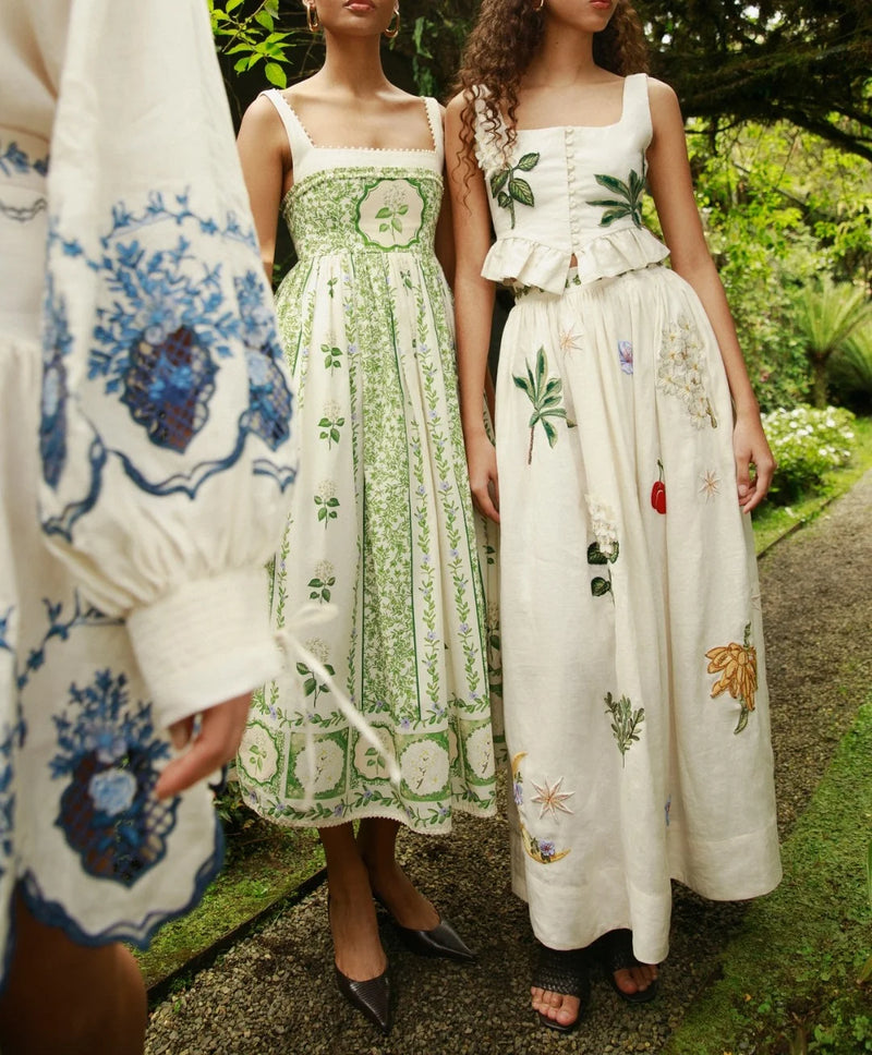 Women's Floral Maxi Dress | Pearl-Embellished Square Neck & High Waist Design