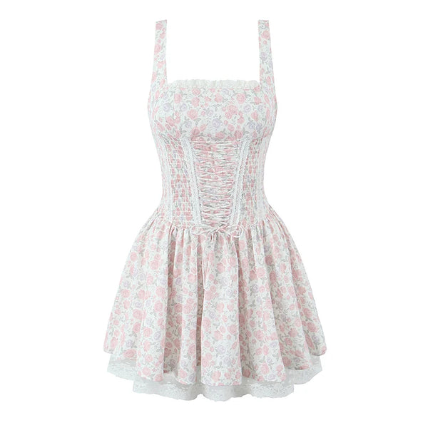 YENKYE Women's Floral Lace Mini Dress - Prairie Chic A-Line w/ Bandage Detail & Spaghetti Straps | Summer Holiday Party Wear