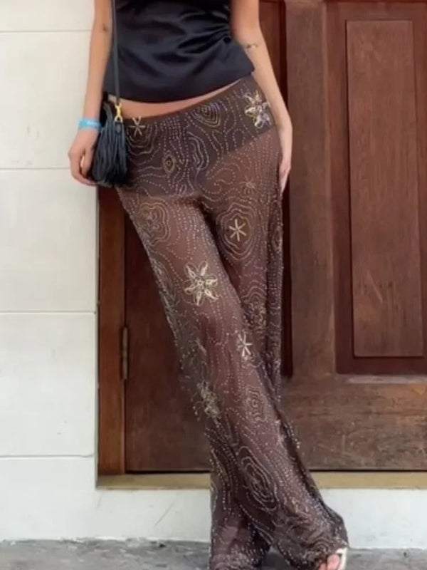 Women's Sheer Beaded Wide-Leg Pants | Brown Shiny Mesh Trousers | Holiday Streetwear with Elastic Waist & Appliqué Details