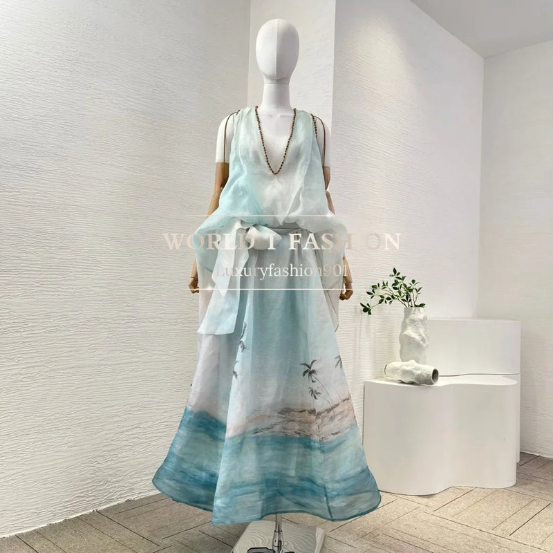 Women's Light Blue Linen-Silk Maxi Dress | Fairycore Beach Dress with Beading & Bow Details