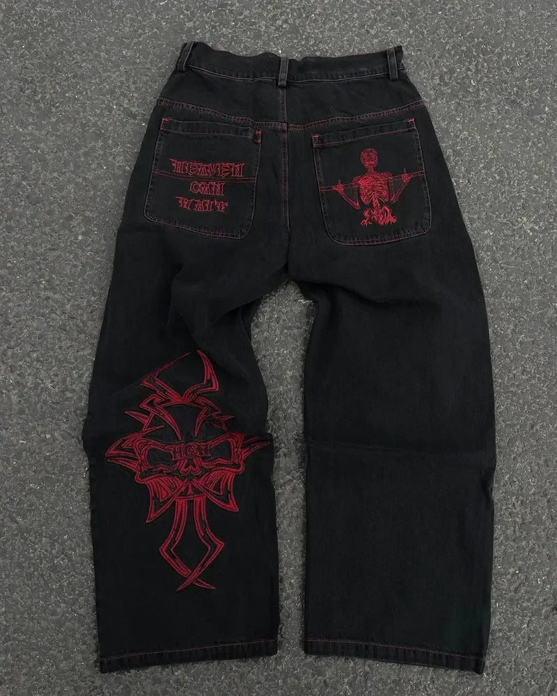 Dragon Embroidered Wide-Leg Jeans | Women's Harajuku Streetwear | High-Waisted Hip-Hop Pants