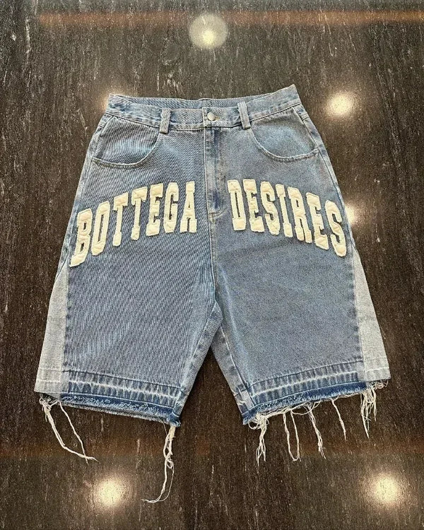 Bottega Desire Wide-Leg Denim Shorts: Distressed Embroidery | Unisex Hip-Hop Streetwear | High Waist Loose Fit Jeans