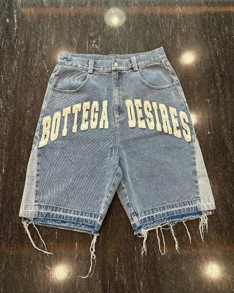 Bottega Desire Wide-Leg Denim Shorts: Distressed Embroidery | Unisex Hip-Hop Streetwear | High Waist Loose Fit Jeans