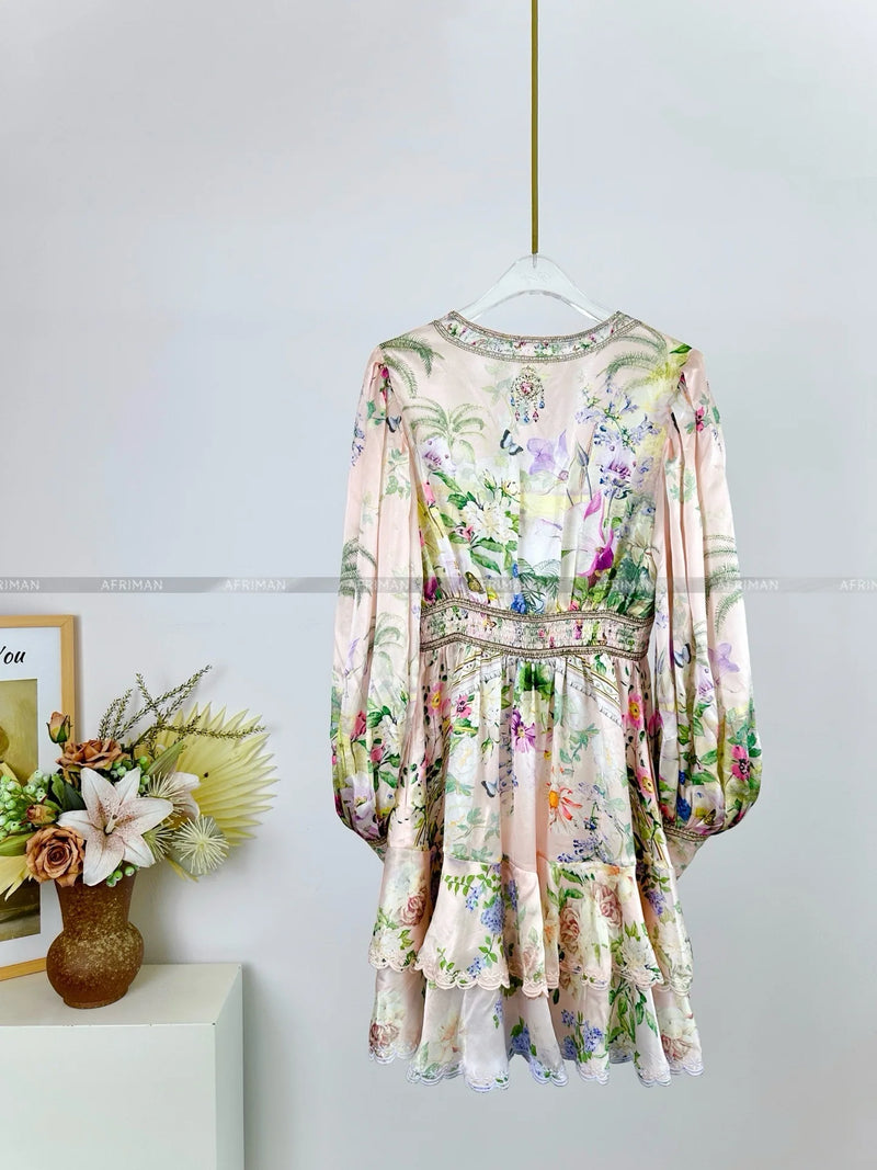 Women's Silk Mini Dress | Vintage V-Neck with Crystal Beads & Floral Print