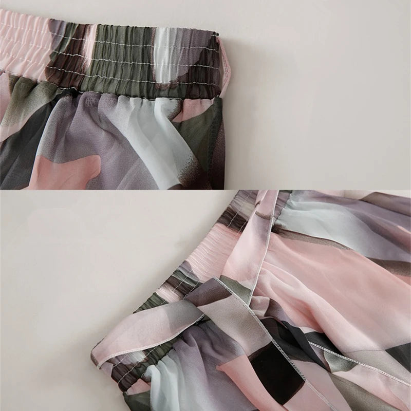 Plus Size Floral Midi Skirt | Adjustable Length Chiffon Skirt | Boho A-Line Beach Skirt with Belt