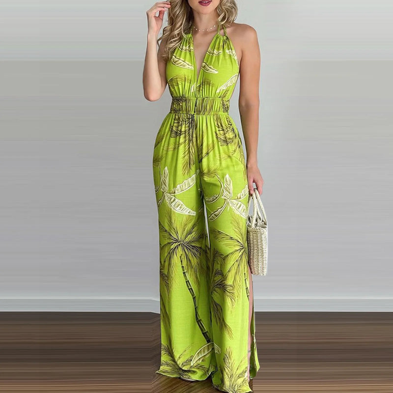 Floral Backless Beach Romper: Sleeveless Vacation Jumpsuit with Adjustable Fit
