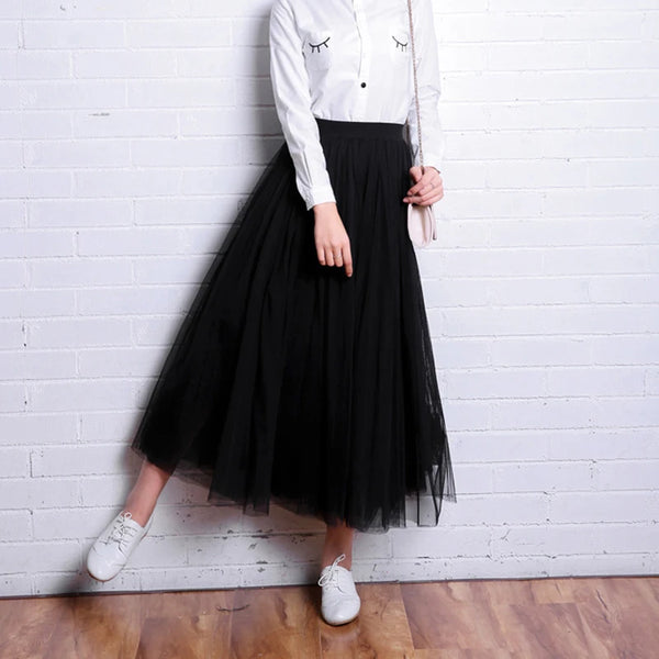 Korean A-Line Tulle Skirt | Empire Waist Mid-Calf Mesh Skirt | Vintage Pleated Streetwear