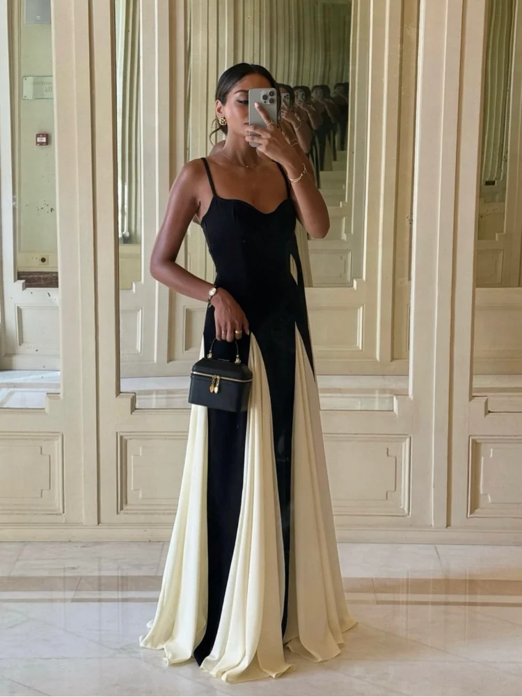 Boho Gauze Maxi Dress | Patchwork Contrast Strap Dress with Backless Design - Women's Empire Waist Party Gown
