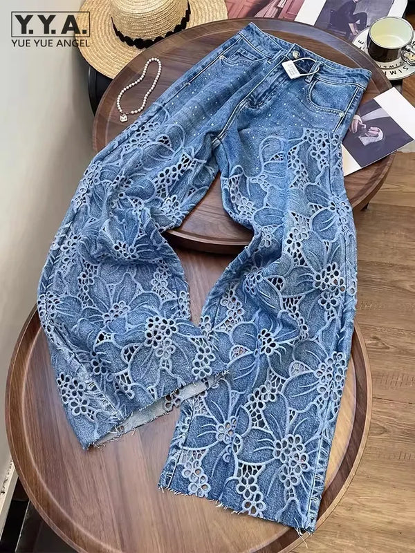 Women's Floral Embroidery Wide Leg Jeans | High Waist Lace-Spliced Summer Pants | Breathable Hollow Out Denim