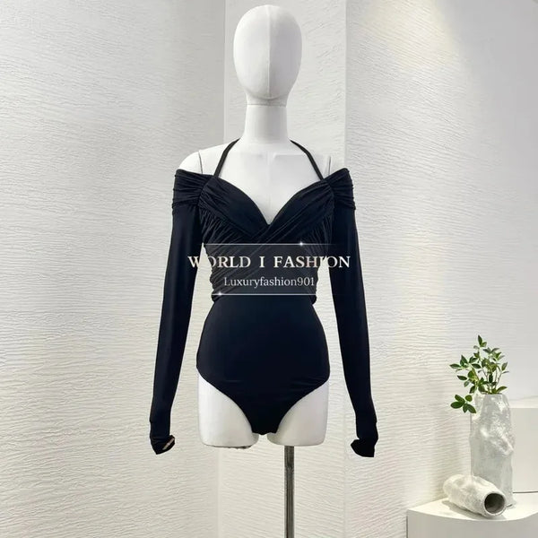 Summer Black Halter Bodysuit for Women – Off Shoulder, Cut-Out Waist, Ruched Detailing, Trendy Beachwear 2025