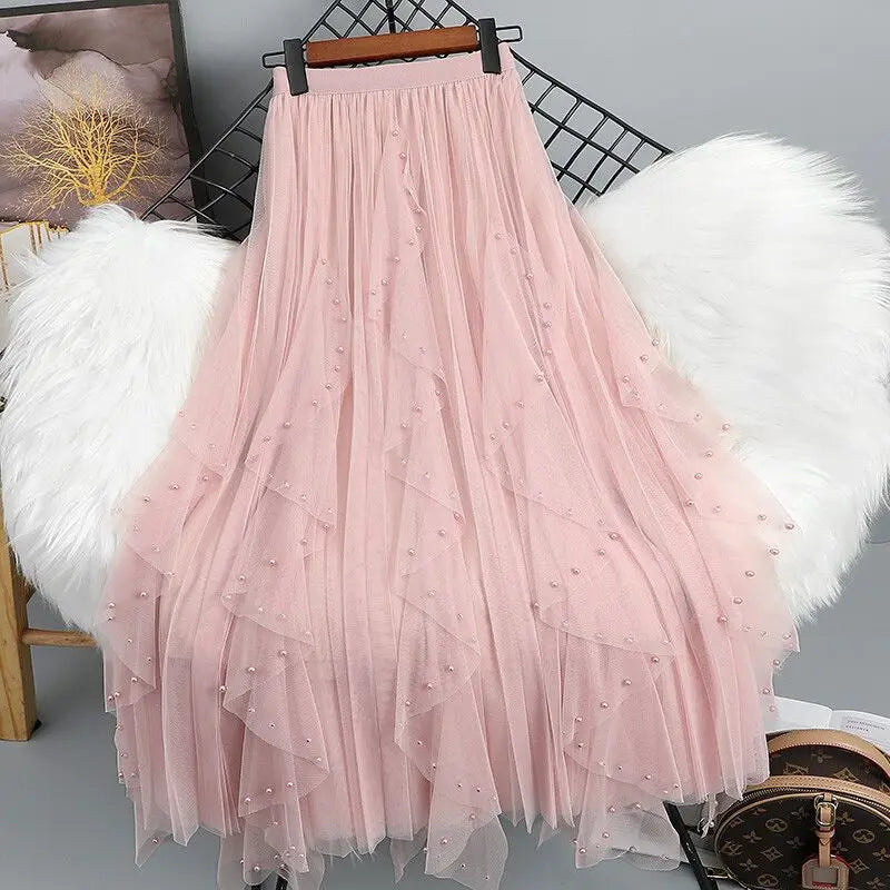 Chamliforve Women's Tulle Fairy Skirt | Empire Waist Ankle-Length Tutu | Beaded A-Line Mesh Skirt (One Size)