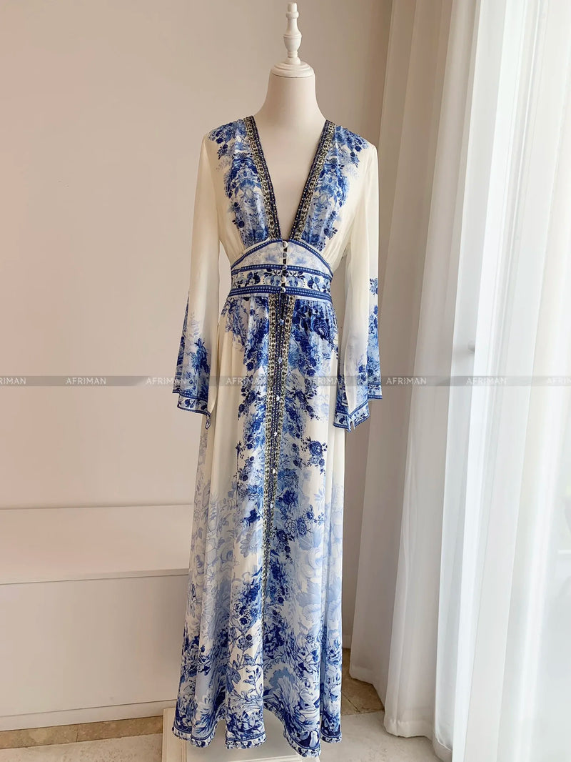 Artisan Blue-White Porcelain Maxi Dress: Crystal-Beaded Silk Gown with Dramatic Flare Sleeves