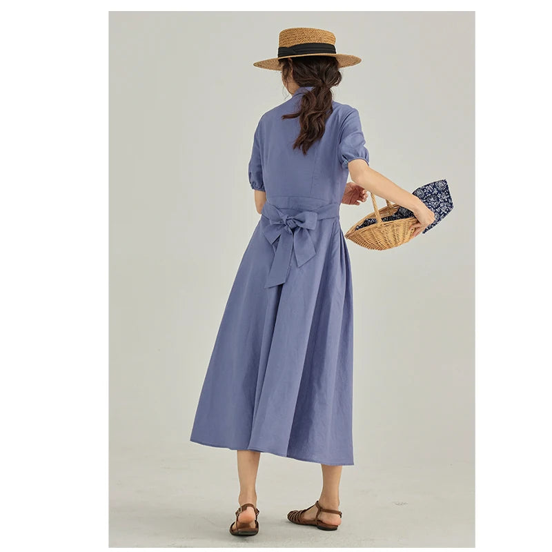 Vintage Linen Midi Dress | Elegant Lapel Collar Dress with Lantern Sleeves - Women's Single-Breasted Summer Dress