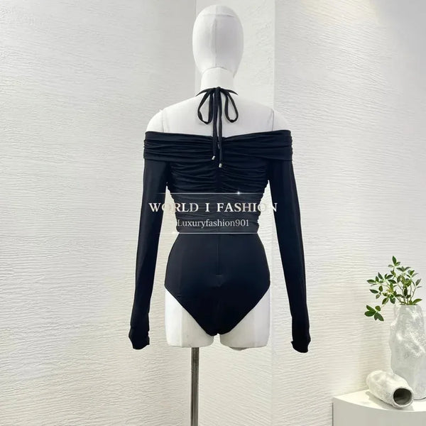 Summer Black Halter Bodysuit for Women – Off Shoulder, Cut-Out Waist, Ruched Detailing, Trendy Beachwear 2025