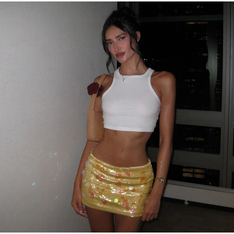Sheer Beaded Mini Skirt | Sexy Empire Waist A-Line | Sequin Club & Beach Skirt