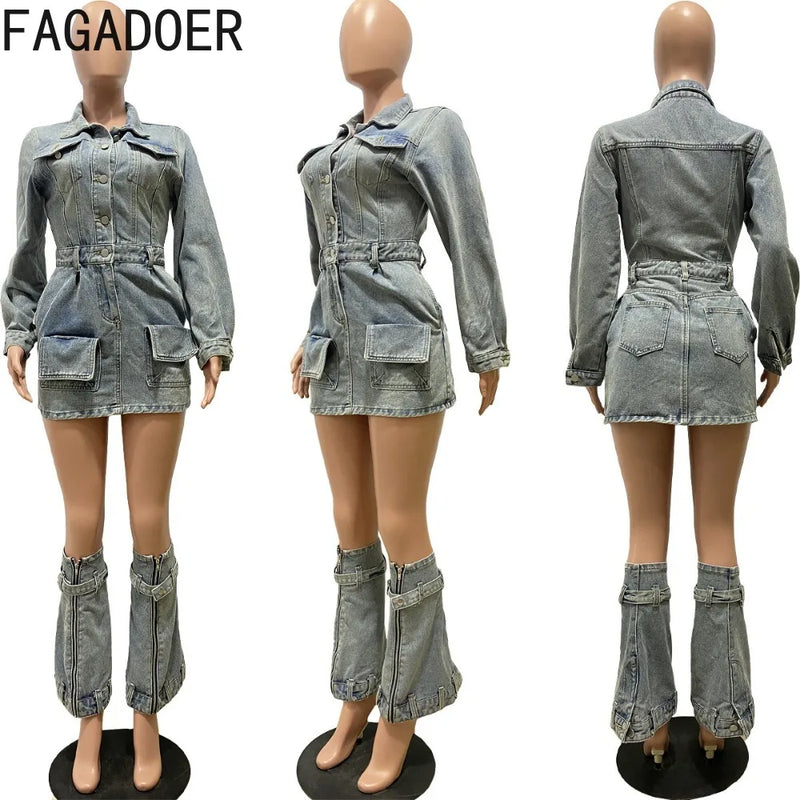 FAGADOER Women's Denim Mini Dress - Long Sleeve Cowboy Style w/ Detachable Leg Garter & Pockets | Blue Western Streetwear