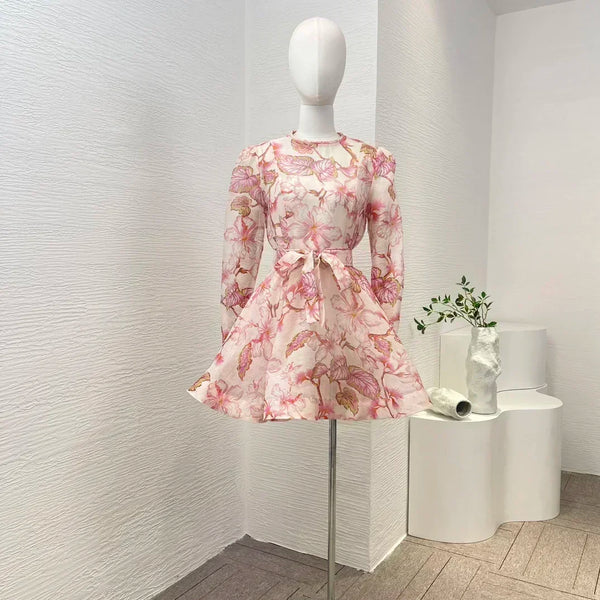 Women's Vintage Floral Mini Dress | Linen-Silk Blend with Belt & Pockets