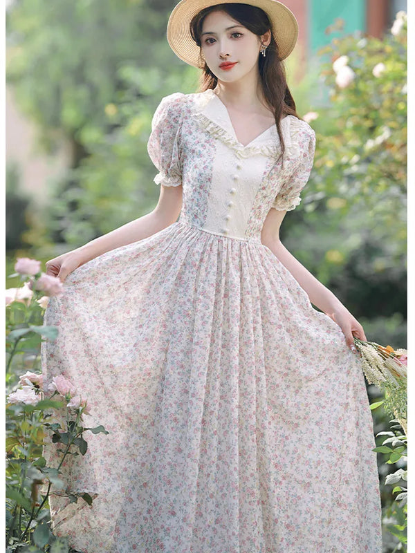 French Prairie Dress | Floral Lace Trim Puff Sleeve Dress - Women's Empire Waist Midi Dress for Garden Parties