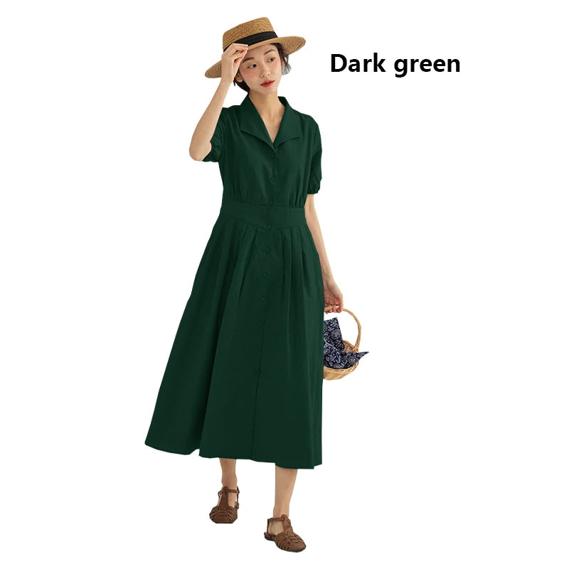 Vintage Linen Midi Dress | Elegant Lapel Collar Dress with Lantern Sleeves - Women's Single-Breasted Summer Dress