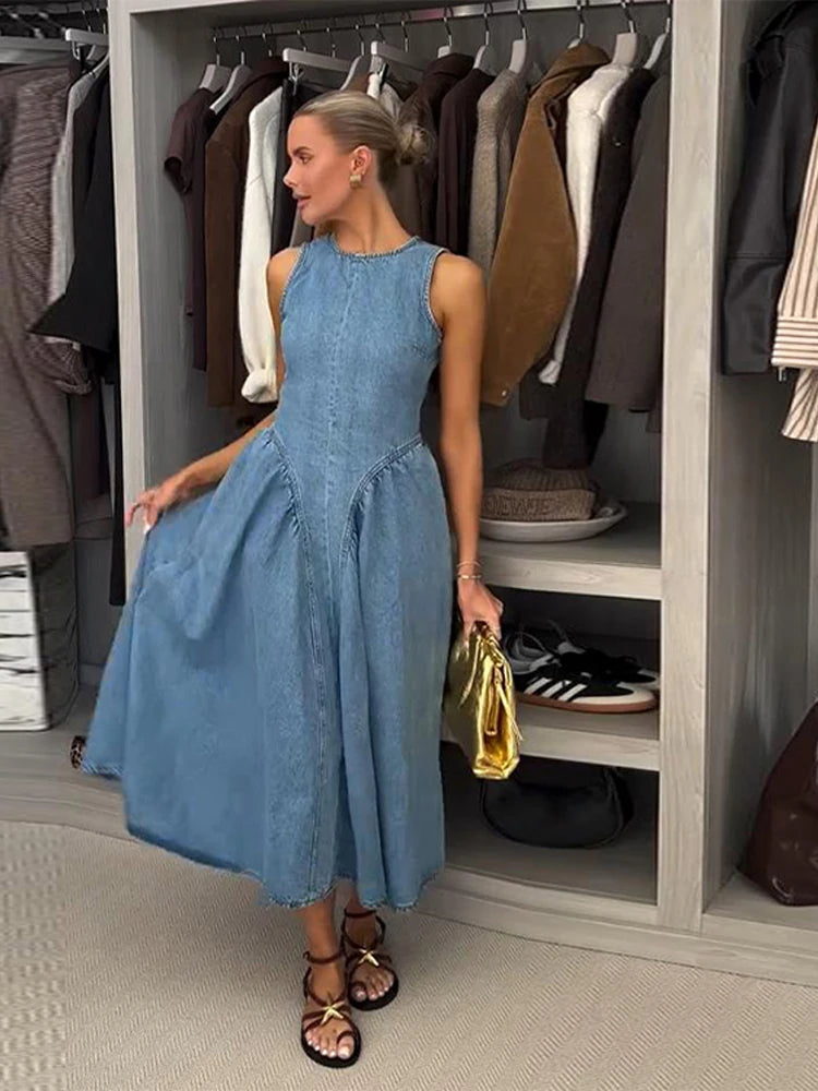 Vintage Washed Women's Denim Maxi Dress | Backless Sleeveless X-Silhouette | Summer Beach & Streetwear (Spring 2025)