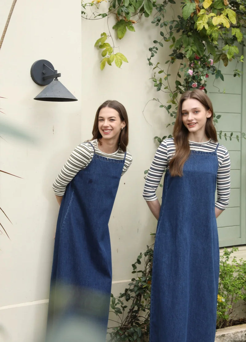 Adjustable Strap Denim Jumper Dress - Women's Vintage Overalls Style Ankle-Length Dress with Slash Neck