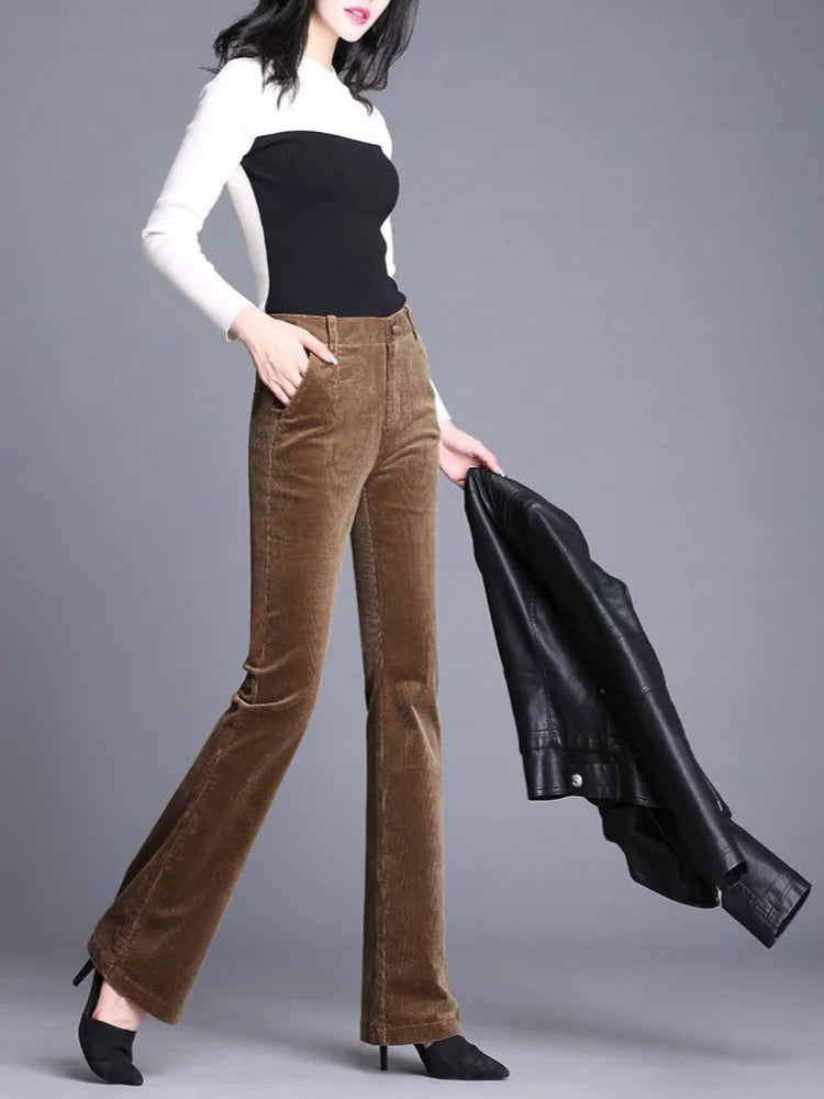 Women's Corduroy Flare Pants - High Waist Slim-Fit Trousers