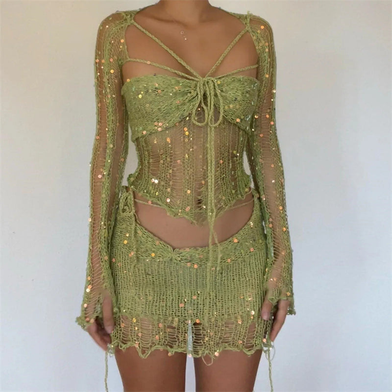 Sexy Sequins Knitted Hollow Out Two Piece Set Women Long Sleeve Cropped Top Mini Skirts 2025 Fashion Skirt Sets Female Outfits